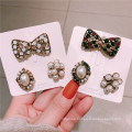 Korean Bow Alloy Rhinestone Pearl Brooch Set for Women Girl Coat Sweater Accessories Vintage Badge Fashion Jewelry Handmade